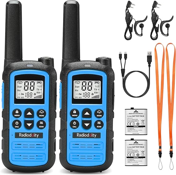 Radioddity PR-T6 Walkie Talkie Kids PMR446 License Free Walky Talky, Long Range Rechargeable Two Way Radio with VOX, USB-C Charging, Flashlight, Earpiece for Camping Hiking, 2 Pack, Blue