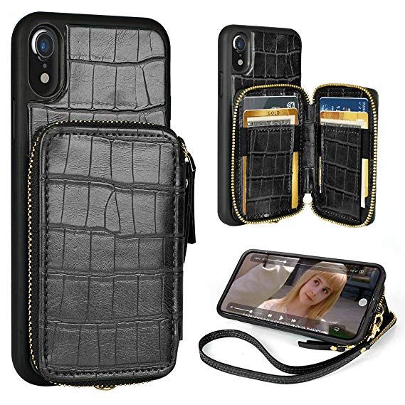 iPhone XR wallet case,iPhone xr Leather Case with Credit Card Holder Slot Zipper Pocket Purse Handbag with Wrist Strap Protective Case Cover for Apple iphone XR,6.1 inch - Crocodile Skin Pattern Black