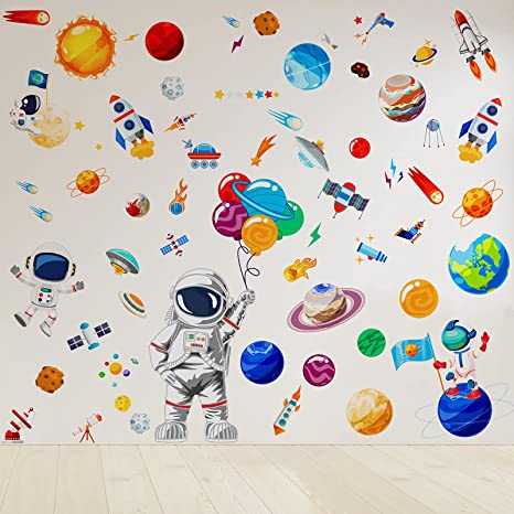 80 Pieces Space Wall Decals Stickers for Nursery Kids Room Solar System Wall StickersSpacecraft Galaxy Rocket Spaceship Stars Decals Kids Playroom Toddler Wall Decor Decals