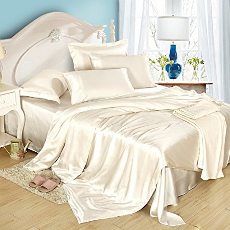 LILYSILK 4Pcs Silk Bedding Sheets Flat Sheet Fitted Sheet Oxford Pillowcases Set 19 Momme Pure Silk Ivory King