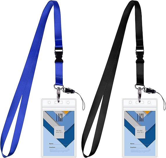 Lanyard Badge Holder, Wisdompro ID Holder Vertical Card Holder Neck Strap Cruise Lanyard Waterproof Clear PVC Card Slot with Ziplock and 20.8 Inch Heavy Duty Detachable Lanyard - 2 Set, Black/Blue