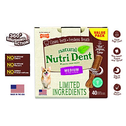 Nutri Dent Limited Ingredient Dental Dog Chews | Medium Size | Filet Mignon or Fresh Breath Flavors