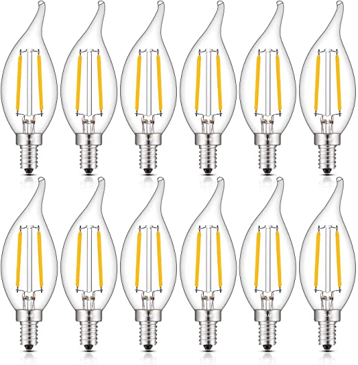 CRLight LED Candelabra Bulb 25W Equivalent 250LM, 3000K Soft White 2W Filament LED Chandelier Light Bulbs, E12 Base Vintage Edison CA11 Clear Glass Candle Bulbs, Non-dimmable Version, 12 Pack
