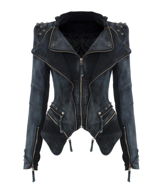 Lath.pin® Womens Studded Punk Jeans Jacket Demin Tuxedo Coat Moto Blazer Jacket