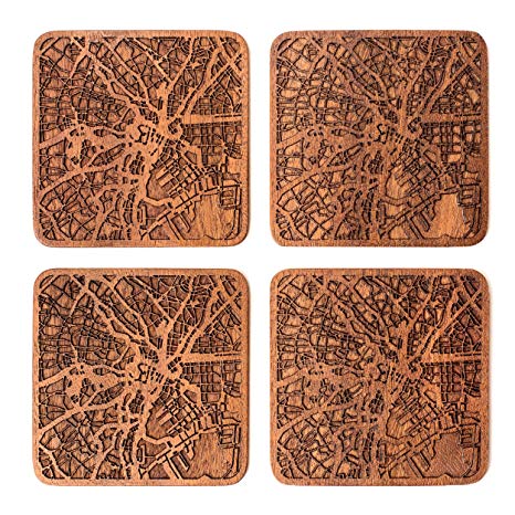 Tokyo Map Coaster, Set of 4, Sapele Wooden Coaster with City Map, Handmade