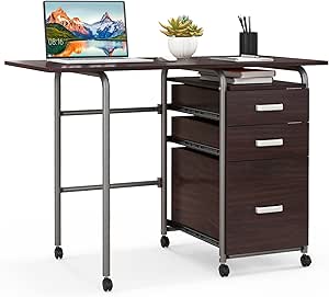 Giantex Folding Desk for Small Space, Rolling Home Office Desk with 3 Drawers & Lockable Universal Wheels, Mobile Study Writing Desk for Dorm Apartment Bedroom, Brown