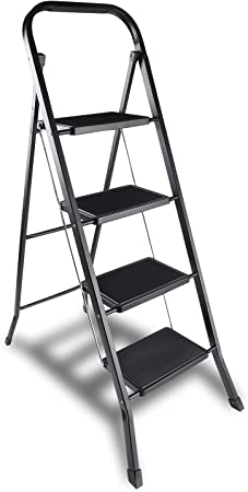 YSSOA 4 Step Ladder, Folding Step Stool with Wide Anti-Slip Pedal, 550 lbs Sturdy Steel Ladder, Convenient Handgrip, Lightweight, Portable Steel Step Stool, Black