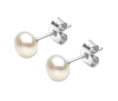 Kimura Pearls - Silver  White Button Shape Cultured Fresh Water Pearl AA Stud Earrings