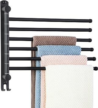 Swivel Bathroom Towel Rack JSVER Towel Rack Wall Mounted, Stainless Steel Towel Bar, Space Saving 6 Arms Towel Hanger, Towel Racks for Bathroom (Black)