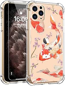 for iPhone 11 Pro Case with Screen Protector - Stylish Elegant Floral Design on Soft Clear TPU - Slim Fit, Protective Phone Cover for Women and Girls - Beautiful Fishes