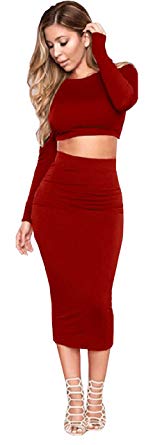 Longwu Women's Sexy Bodycon Bandage Midi Dress Long Sleeve 2 Piece Backless Skirt Party Evening Wear