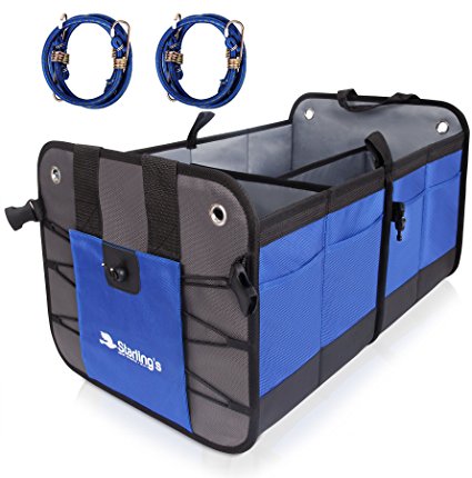 Car Trunk Organizer By Starling’s:Eco-Friendly, Super Strong & Durable, Collapsible, Cargo Storage Box For Auto, Trucks, SUV -Adjustable Compartments & Anti-slip/Waterproof Bottom W/Bungee Cords Pair