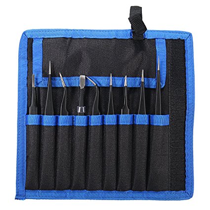 INSMA 9PCS ESD Tweezers Kit Precision Anti-static Tweezers Set Non-magnetic Multi-standard Stainless Steel Tweezers with Storage Bag for Lab Electronics Jewelry and Detailed Work