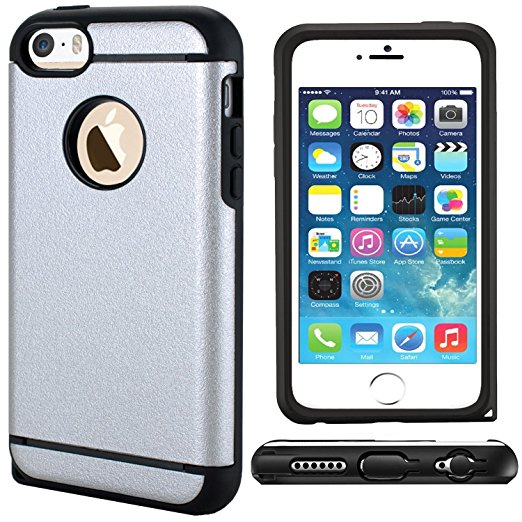 IPhone 5s Case,iPhone 5 Case,ykooe (Elegant Series) Classical Dual Layer Rugged Shockproof Hybrid Protective Case With Dust Plug Cover for Apple iPhone SE 5 5s (Silver)