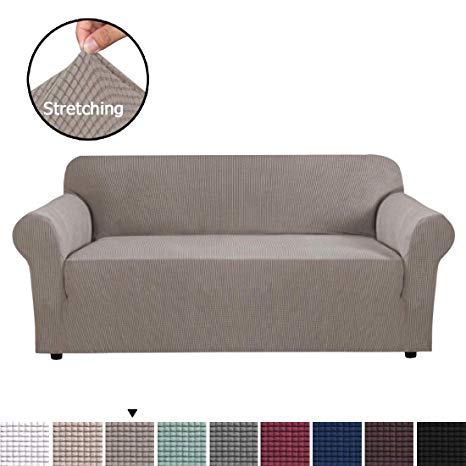 H.VERSAILTEX Modern Spandex 1 Piece Sofa Cover with Elastic Bottom Lycra Jacquard High Stretch Sofa Slipcover Stylish Furniture Cover/Protector Machine Washable - Sofa - Taupe