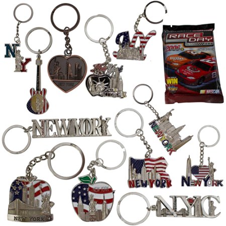 New York NYC Bundle Souvenir Metal Keychain 12 Pack~Statue Of Liberty,Usa Flag,World Trade Center,Empire State Building,Bottle Opener too & More-Bonus a Race Day Car