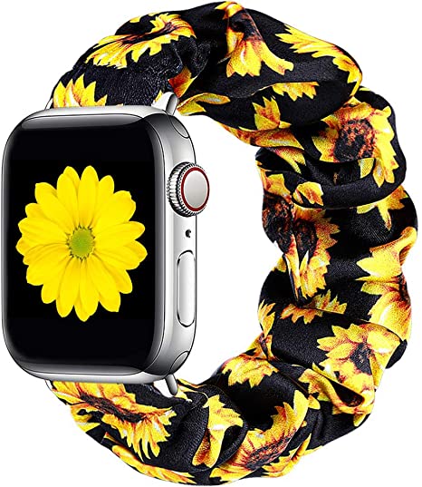 SEARME Trend Scrunchie Elastic Band Compatible for Apple Series 3 Watch Band 38mm 40mm 42mm 44mm, Women Cloth Pattern Printed Wristband for IWatch Series 6 5 4 2 1 and SE, 38mm 40mm Sunflower