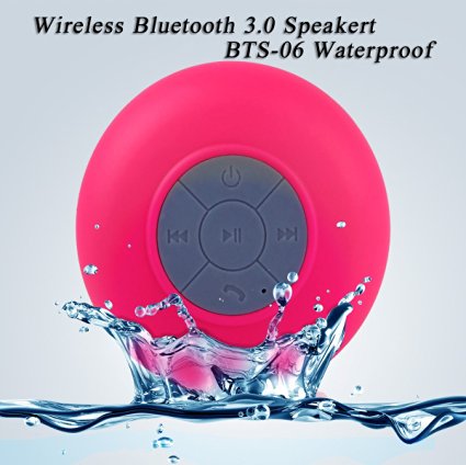 [New Release]cnokfan Mini Waterproof Wireless Shower Bluetooth 3.0 Speaker, Handsfree Speakerphone with Builtin-Mic, Dedicated Suction Cup and control buttons-Rose Red