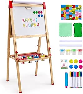 VEVOR Art Easel for Kids, 3-in-1 Wooden Double-Sided Kid's Art Easel with Magnetic Whiteboard, Chalkboard & Paper Roll, Adjustable Standing Drawing Board with Painting Accessories for Boys and Girls