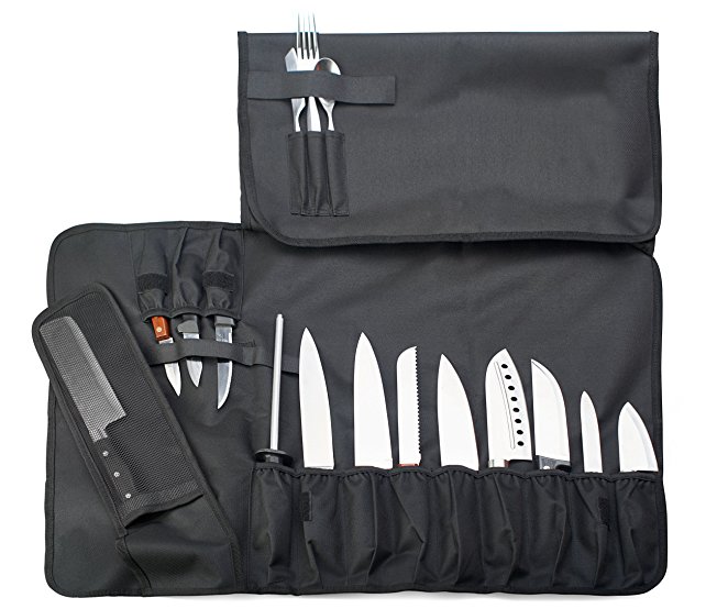 EVERPRIDE Knife Roll Bag For Chefs (16 Slots) Holds 12 Knives, 1 Meat Cleaver, And 3 Utensil Pockets. Top Quality Portable Chef Knife Case - Includes Handle, Shoulder Strap & Business Card Holder