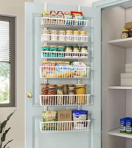 Over The Door Pantry Organizer, Pantry Organization and Storage, 6-Tier Deep Baskets Hanging Heavy-Duty Metal, Wall Spice Rack Seasoning Shelves for Home & Kitchen, Laundry Room Bathroom, White