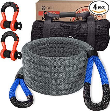 Miolle Kinetic Recovery Tow Rope 1" x30' - 33,900 lbs MBS, Heavy Duty Kinetic Rope, 2 D-Ring Shackles 3/4' 41000 lbs MBS