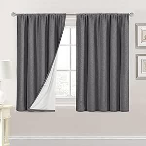 H.VERSAILTEX Linen Look 100% Blackout Curtains 45 Inches Long for Bedroom Full Light Blocking Rod Pocket Linen Textured Thick Window Curtain Drapes with White Backing, Grey, 2 Panels