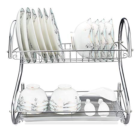 2-Tier Dish Drying Rack, 16.5L x 9.5W x 15H Stainless Steel Kitchen Sinkware Dish Rack Kitchen Supplies Drying Frame, Quick Dry with Drip Tray with Drainboard