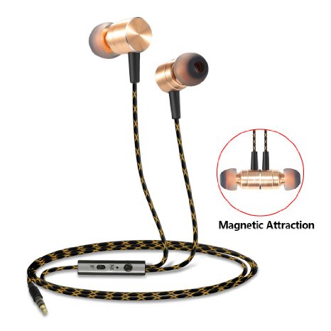 Headphones, Grandbeing Metal Magnet Attraction In-Ear Wired Earbuds Premium Stereo Bass Universal Earphones with 3.5mm Jack and MIC for Smartphones, Tablets, Computer, MP3 Player - Golden