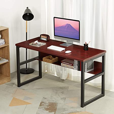Sedeta 55" Computer Desk with Bookshelf, Modern Office Desk with Storage Shelves, Large Computer Table, Sturdy Writing Table Workstation for Home Office, Wood and Metal Frame, Red Cherry