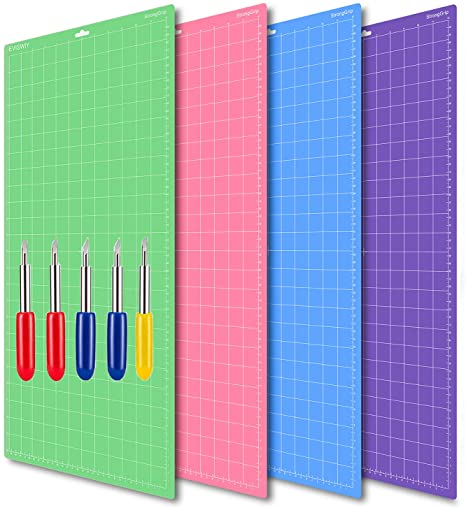 EVISWIY 4PCS 12x24 Mats for Cricut Explore Air 2/Air/One/Maker with 5 PCS Blades StandardGrip/LightGrip/StrongGrip/FrabricGrip Multiple Sticky Green Blue Purple Pink Cricket Cutting Mats for Cricut