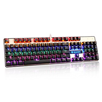 Sades K10 Anti-Ghost Mechanical PC Computer Gaming Keyboard, 19 Keys Non-Conflict Standard 104 Keys with Blue Switches and Customizable Rainbow LED Backlit for Laptop (Black & Gold)