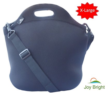 EXTRA LARGE Neoprene Lunch Bag - Best Lunch Tote With Heavy Duty Zipper and Shoulder Strap - Reusable Easy To Clean - Keeps Lunch Fresh - Eco-friendly Black Cooler Bag, By Joy BrightTM