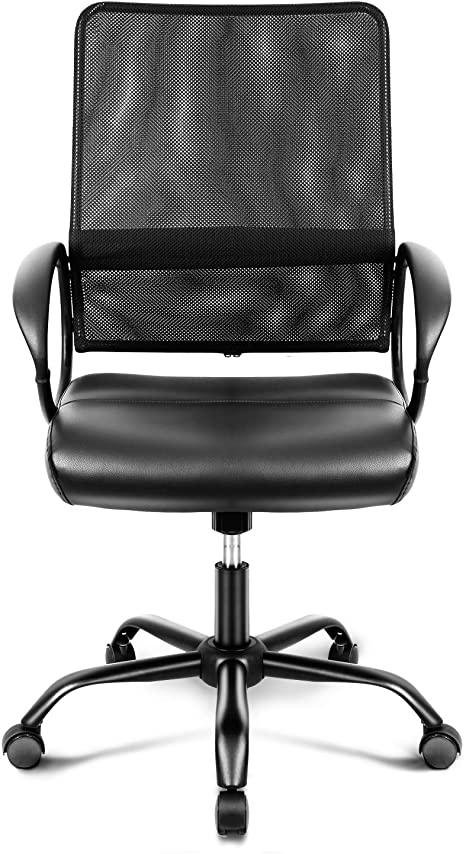 INTEY Office Chair, Middle Back Desk Chair, Ergonomic Computer Chair, Back Support Arms for Home, Office, PU Cushion Executive Chair, 22° Adjustable Breathable Backrest, Black, Load Capacity 115kg