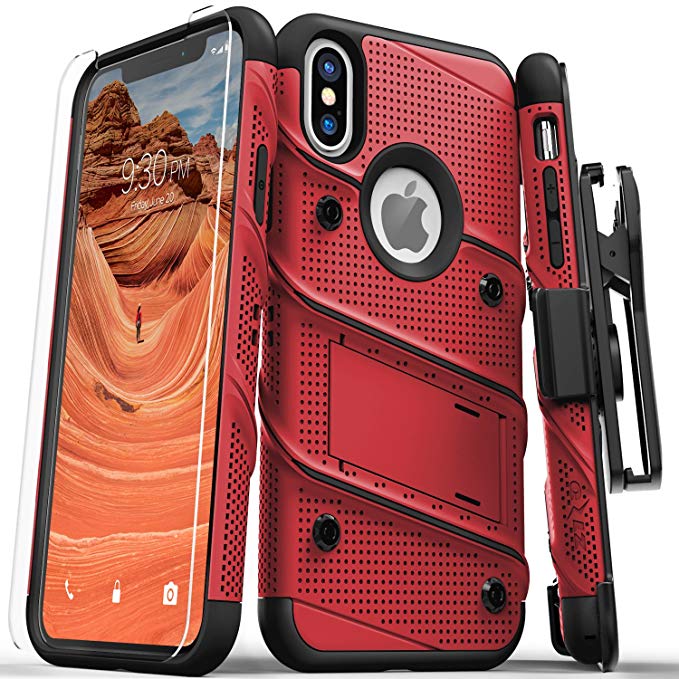 Zizo Bolt Series Compatible with iPhone Xs Max case Military Grade Drop Tested with Tempered Glass Screen Protector, Holster, Kickstand RED Black