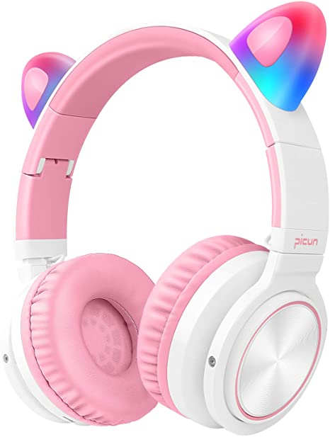 Picun Kids Bluetooth Headphones Cat Ear with LED Light Up, 40H Playtime Wireless Headphones Over Ear for Girls, Volume Control Wireless/Wired/TF Fodable Headset for Children Adult Women White Pink