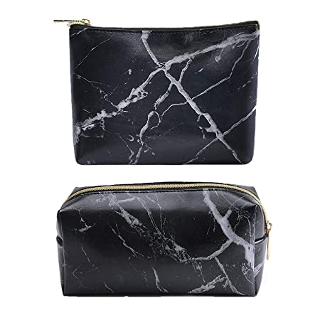 Marble Makeup Bag,2 Pack Marble Cosmetic Bag Small Makeup Pouch for Purse Waterproof Marble Pattern Cosmetic Pouch (Black)