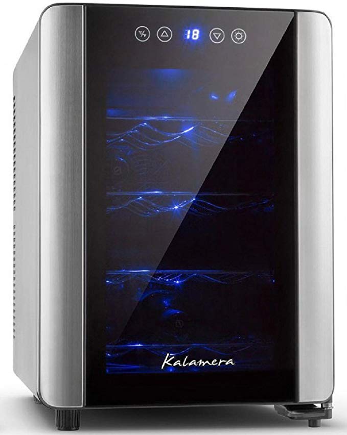 Kalamera KR-12A2E Silent 12 Bottles (up to 310 mm height) Wine fridge , temperature zones 10-18 °Touchscreen Wine Cooler, Wine refrigerator, Black,countertop.