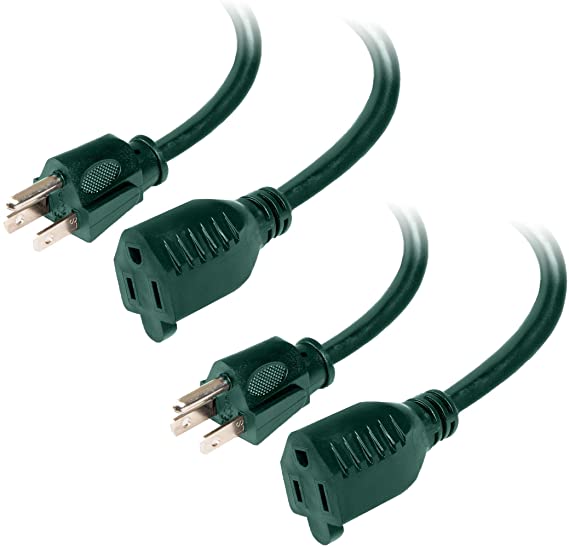 2 Pack of 20 Ft Outdoor Extension Cords - 16/3 Durable Green Cable - Great for Powering Outdoor Christmas Decorations