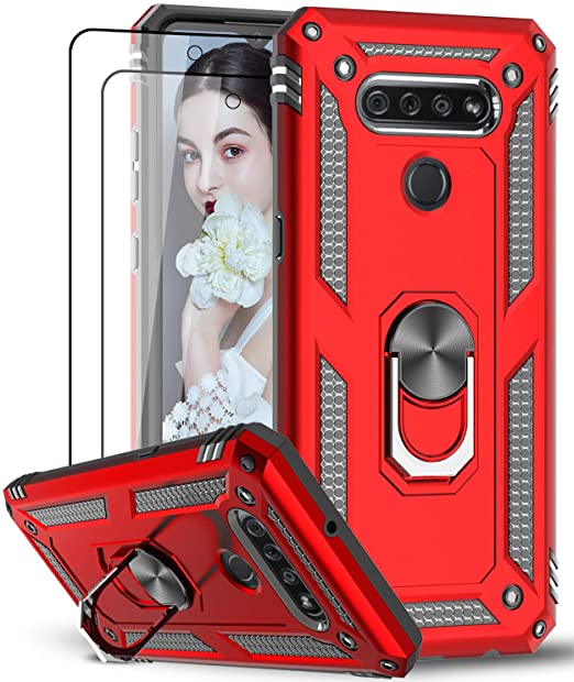 LG K51 Phone Case, LG Reflect Case, LG Q51 Case with [2 Pack] Tempered Glass Screen Protector, LeYi [Military-Grade] Protective Phone Case with Magnetic Car Mount Ring Kickstand for LG K51, Red