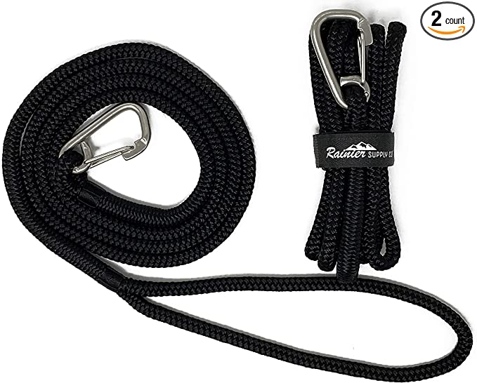 Rainier Supply Co PWC Dock Lines - 2 Pack 7’ x 3/8” Premium Double Braided Nylon PWC Dock Lines with 12" Eyelet – Jet Ski, PWC & Small Boat Accessories – Black