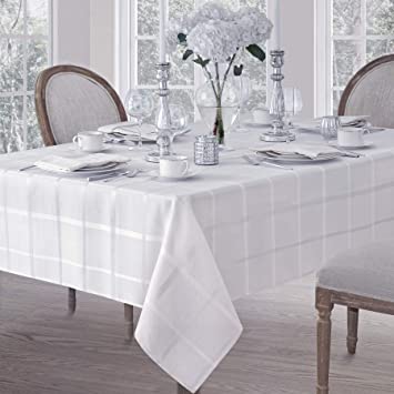 Elegance Plaid Contemporary Woven Solid Decorative Tablecloth by Newbridge, Polyester, No Iron, Soil Resistant Holiday Tablecloth, 60 X 120 Oblong, White