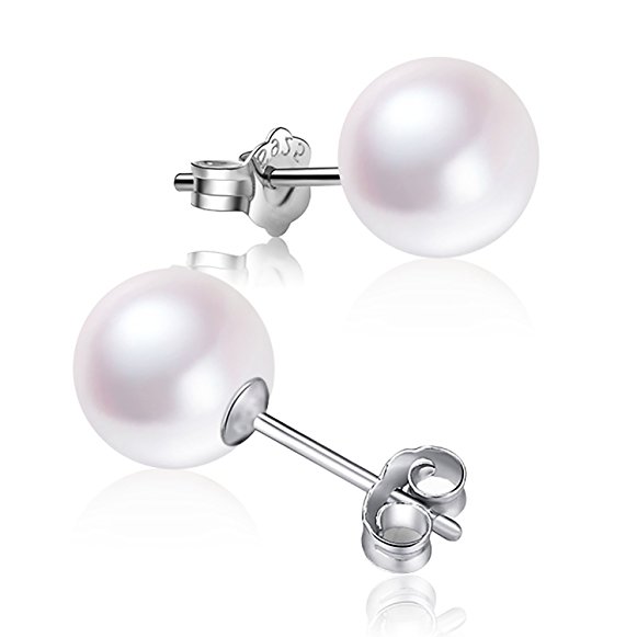 Sterling Silver Stud Pearl Earrings Round Freshwater Cultured Pearl Handpicked AAA  Quality White