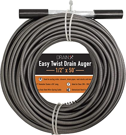 Drainx Easy Twist Drain Auger | Flexible Plumbing Cables for Cleaning Drainage Clogs Includes Storage Bag and Protective Gloves, 1/2" Diameter, 50 FT