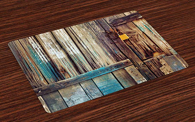 Ambesonne Rustic Place Mats Set of 4, Aged Shed Door Backdrop with Color Details Country Living Exterior Pastoral Mansion Image, Washable Fabric Placemats for Dining Room Kitchen Table Decor, Brown