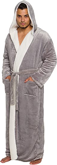 Ross Michaels Mens Sherpa-Lined Hooded Long Bathrobe - Full Length Luxury Plush Big & Tall Robe