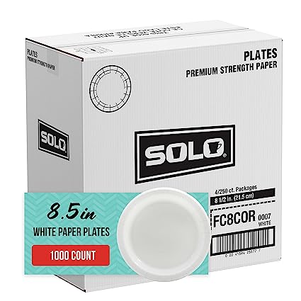 SOLO Paper Plates, 8.5" White Premium, 4-packs of 250ct (1000ct Total Paper Plates)