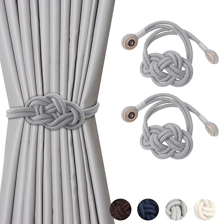 Coolnice 2 Pack Magnetic Curtain Tiebacks Modern Simple Curtain Holdbacks with Handmade Fancy Weave Rope Curtain Ties for Home Office-21 Inch-Grey