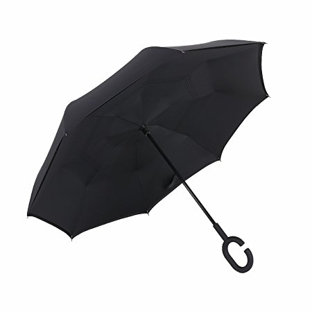 Double Layer Inverted Umbrella Cars Reverse Umbrella, Elover Windproof UV Protection Big Straight Umbrella for Car Rain Outdoor With C-Shaped Handle and Carrying Bag
