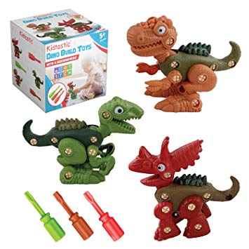 Kidtastic Dinosaur Toys - T-Rex, Velicoraptor, Triceratops - Take Apart STEM Learning Fun Pack of 3 Construction Engineering Play Set for Boys Girls, Best Toy Gift Kids 3 Year olds, New 2019 Model